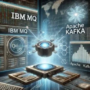 DALLE 2024-09-13 075902 - A technical scene showing IBM MQ and Apache Kafka connected by digital streams of data The background is filled with futuristic graphs and real-time - innovaTopia