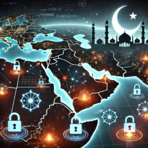DALLE 2024-09-18 050449 - An illustration showing a map of the Middle East with cyber threats rising in the background during Ramadan The image should include symbols of cyber - innovaTopia