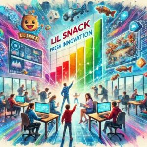 DALLE 2024-09-19 055518 - A dynamic watercolor painting showing the rapid rise of Lil Snack a gaming company using AI to bring fresh innovation to the industry In the foregro - innovaTopia