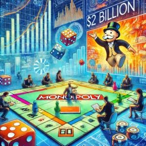 DALLE 2024-09-19 055522 - A bold watercolor painting illustrating the impact of Monopoly Go generating billion in the gaming industry In the foreground players enthusias - innovaTopia