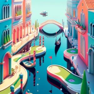 DALLE 2024-09-20 063000 - A serene yet playful illustration of Venice with iconic canals and gondolas integrated into a virtual mini-golf course The image should show a color - innovaTopia