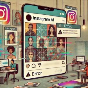 DALLE 2024-09-24 052532 - An illustration depicting Instagram AI generating images with an error message shown prominently in the foreground The scene shows a digital workspa - innovaTopia