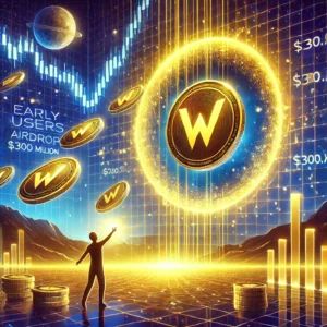 DALLE 2024-09-25 072213 - An illustration of a digital portal emitting golden tokens with the W symbol representing Wormholes airdrop Early users are shown reaching out to - innovaTopia