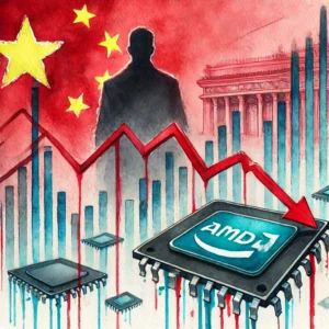 DALLE 2024-10-03 070232 - Watercolor illustration of the global semiconductor trade tension caused by Chinas chip ban affecting AMD and Intel The image shows a red downward s - innovaTopia