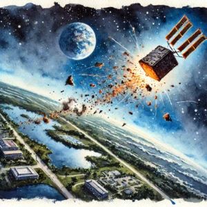DALLE 2024-10-03 070254 - Watercolor illustration of space debris falling towards Earth The scene shows a piece of debris from the International Space Station a battery hurt - innovaTopia