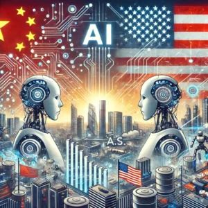 DALLE 2024-10-08 071517 - An illustration representing Chinas AI competition with the US showing a futuristic landscape with AI-related elements like robots data centers - innovaTopia