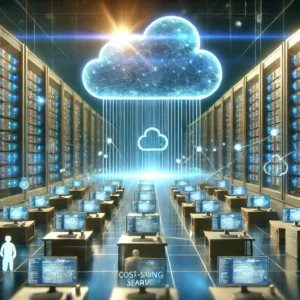 DALLE 2024-10-08 073059 - A digital illustration for an article titled Microsoft Azure AI Search開発コスト削減へ大幅容量増で対応 The scene shows a futuristic massive cloud server farm exp - innovaTopia