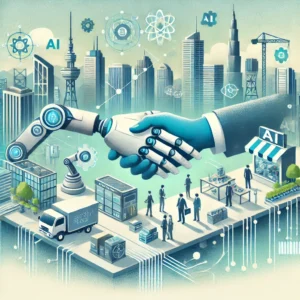 DALLE 2024-10-08 073112 - A futuristic illustration for an article titled AIの未来_ 労働市場への影響と変革の可能性 The scene depicts a modern city skyline where robots and humans work side by - innovaTopia