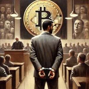 DALLE 2024-10-11 082047 - A somber courtroom scene with a focus on a figure in handcuffs representing the OneCoin scandal Behind the figure a large screen shows the OneCoin l - innovaTopia