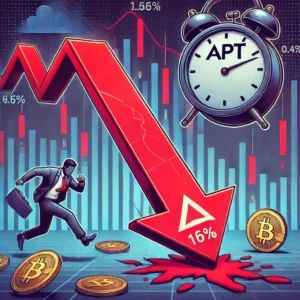 DALLE 2024-10-21 062502 - An illustration representing the sudden 16 drop in the price of APT tokens The image shows a large red arrow pointing downward with APT tokens fall - innovaTopia