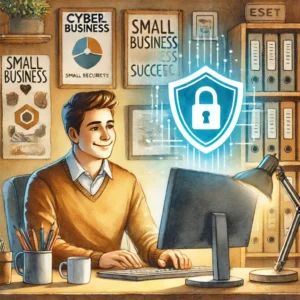 DALLE 2024-10-24 063304 - Watercolor painting of a small business owner sitting at a desk looking relieved while a shield symbol glows on the computer screen representing pro - innovaTopia