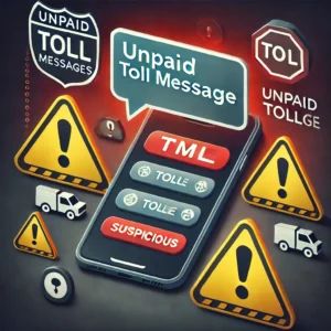 DALLE 2024-10-24 071155 - An illustration showing a phishing scam disguised as unpaid toll messages The image features a smartphone screen displaying a fraudulent SMS with a t - innovaTopia