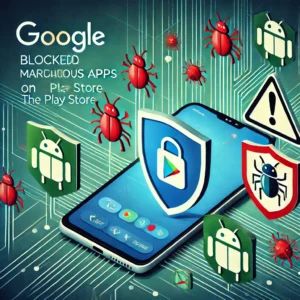 DALLE 2024-10-24 075212 - An illustration showing Google blocking 22800 malicious apps on the Play Store to enhance security The image features a smartphone with a Play Store - innovaTopia