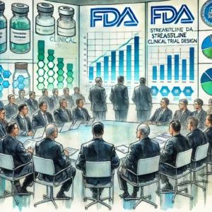 DALLE 2024-10-31 014423 - Watercolor illustration depicting the push by pharmaceutical companies for the FDA to streamline clinical trial design The scene shows a discussion b - innovaTopia