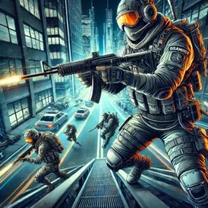 DALLE 2025-01-23 114301 - An intense illustration of a competitive game called Breachers showing ranked players in high-tech gear battling in a futuristic urban environment - innovaTopia
