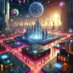 DALLE 2024-05-04 185915 - Illustration of a futuristic interconnected metaverse platform concept The scene includes a diverse network of floating islands each representing a - innovaTopia