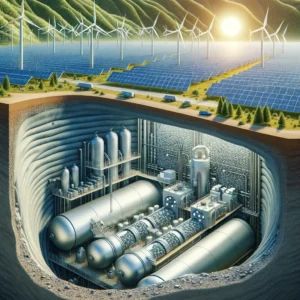 DALLE 2024-05-05 081749 - A futuristic illustration of a large underground compressed air energy storage facility The image features a landscape with wind turbines and solar p - innovaTopia