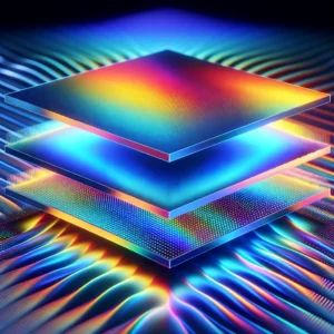 DALLE 2024-05-05 183009 - A digital art representation of two thin metasurfaces stacked together Colorful polarized light is passing through these surfaces creating a vibrant - innovaTopia