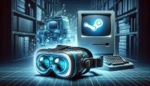 DALLE 2024-05-06 091312 - A wide futuristic illustration featuring a sleek virtual reality headset with glowing blue design elements in the foreground contrasted against an ol - innovaTopia