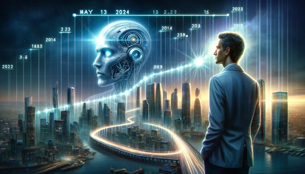 DALLE-2024-05-12-223350-A-timeline-depicting-the-evolution-of-ChatGPT-marked-by-key-milestones-as-glowing-points-along-a-line-The-background-features-a-futuristic-cityscape - innovaTopia