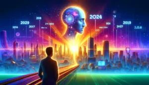 DALLE 2024-05-12 223433 - A digital illustration depicting the evolution of ChatGPT on a timeline with key milestones marked by glowing points The background features a gener - innovaTopia