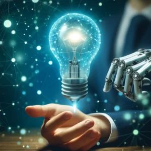 DALLE 2024-05-13 073814 - A digital illustration showcasing the integration of generative AI in business The image features a robot hand holding a light bulb symbolizing inno - innovaTopia