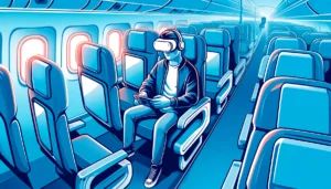 DALLE 2024-05-14 162047 - An illustration of a person using a Meta Quest VR headset in an airplane The person is seated comfortably with the headset on surrounded by a stable - innovaTopia