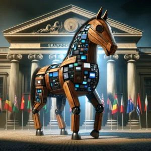 DALLE 2024-05-20 075143 - A digital illustration of a large wooden horse filled with computer viruses and malware standing ominously in front of a grand bank building The hor - innovaTopia