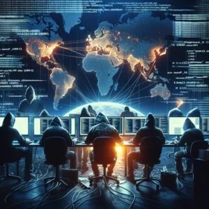 DALLE 2024-05-21 070818 - A hacker group launching a destructive cyberattack with computer code and network cables in the background The scene includes a map of the Middle Ea - innovaTopia