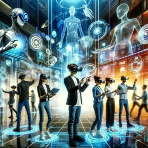 DALLE 2024-05-22 073800 - A futuristic virtual reality scene featuring multiple people wearing VR headsets and interacting with virtual objects in a shared physical space The - innovaTopia
