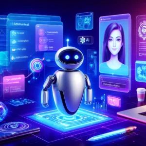 DALLE 2024-05-22 175916 - A futuristic illustration of a software platform that allows users to visually customize and create AI assistants using drag-and-drop interfaces and l - innovaTopia