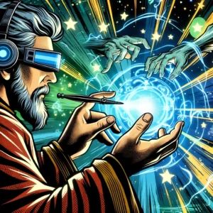 DALLE 2024-05-23 081947 - A comic book style illustration of a sorcerer casting a spell with his hands opening a portal to a multiverse The scene is dynamic and colorful cap - innovaTopia