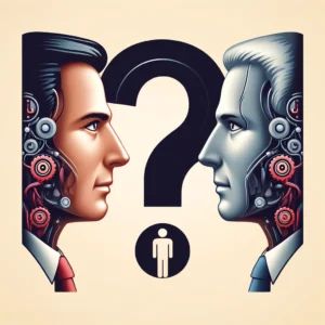 DALLE 2024-05-24 072946 - An illustration of two business leaders facing each other with a large question mark and a robot silhouette between them The image represents differ - innovaTopia