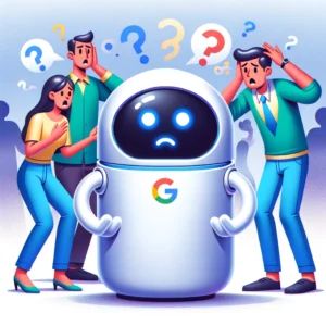 DALLE 2024-05-25 084430 - An illustration of a personified Google AI service making a mistake and looking confused surrounded by concerned people The AI service should be dep - innovaTopia
