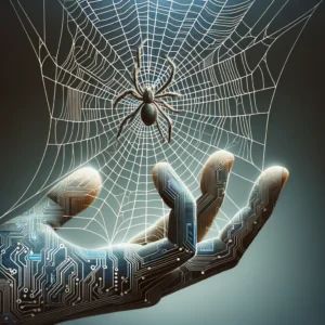DALLE 2024-05-26 075437 - A close-up illustration of a spider web with electronic circuit patterns woven into the silk threads resting on a human hand The design is in a futu - innovaTopia