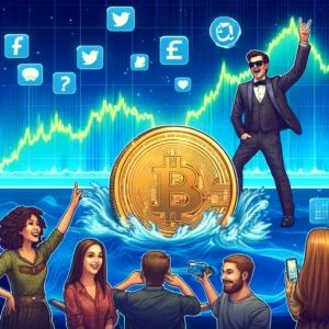 DALLE 2024-06-01 075652 - An illustration depicting celebrities endorsing cryptocurrency tokens creating waves in the market Show a digital coin with a celebrity figure promo - innovaTopia