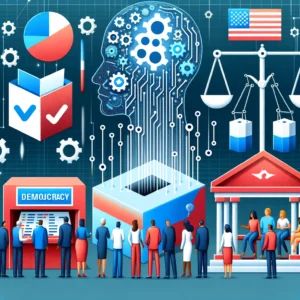 DALLE 2024-06-01 075655 - An illustration showing the impact and challenges of AI evolution on democracy Show AI elements like algorithms and data streams interacting with sym - innovaTopia
