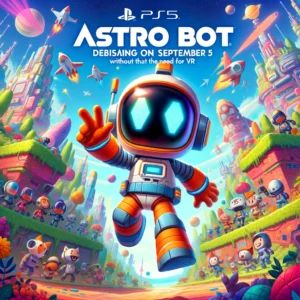 DALLE 2024-06-01 143328 - An illustration of the new Astro Bot game debuting on PS5 on September 6 featuring the popular character Astro Bot in a vibrant colorful setting sh - innovaTopia