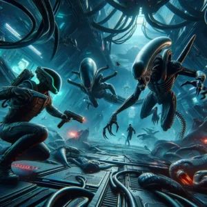 DALLE 2024-06-01 143335 - An illustration for the VR game Alien_ Rogue Incursion set for release in 2024 featuring a dark sci-fi environment with a hero battling aliens sho - innovaTopia
