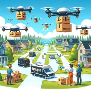 DALLE 2024-06-01 160205 - An illustration of Amazon expanding its drone delivery service with FAA approval The scene should include drones delivering packages an Amazon logo - innovaTopia