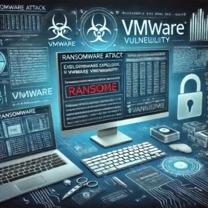 DALLE 2024-06-27 103447 - An illustration showing a ransomware attack exploiting a VMware vulnerability with a computer screen displaying a ransom note and digital elements re - innovaTopia