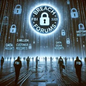 DALLE 2024-06-28 083750 - A dark web scene with the BreachForums logo and data leak symbols representing the resurrection of the site and the potential leak of 5 million custo - innovaTopia