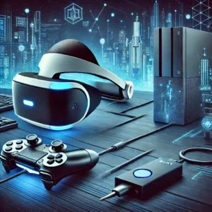 DALLE 2024-06-28 092800 - An illustration of the PSVR 2 headset connected to a PC with a futuristic adapter The image shows a seamless gaming experience highlighting the inno - innovaTopia