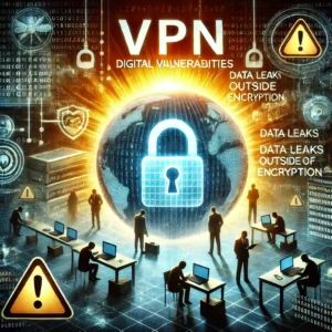 DALLE 2024-06-29 082629 - An illustration of a VPN application with digital vulnerabilities exposed showing data leaks outside of encryption The background includes binary co - innovaTopia