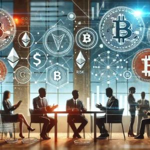DALLE 2024-07-03 080157 - A financial scene with digital assets and cryptocurrency symbols showing investors and analysts discussing funding rounds The background features ab - innovaTopia