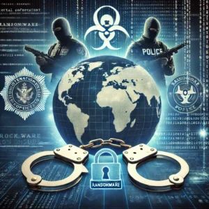 DALLE 2024-07-03 082016 - A digital illustration of international law enforcement agencies collaborating to target a ransomware mastermind named LockBitSupp The background f - innovaTopia
