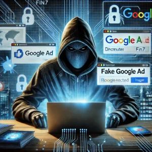 DALLE 2024-07-05 065109 - An illustration of a masked hacker using a fake Google ad to distribute malware The background shows a digital cityscape with various devices being i - innovaTopia