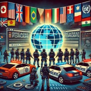 DALLE 2024-07-05 065112 - An illustration showing international police forces cooperating with a background of a seized dark web forum The scene includes various flags and la - innovaTopia