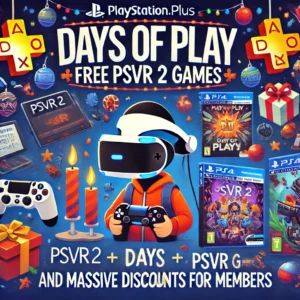 DALLE 2024-07-07 055557 - Illustration of PlayStation Plus announcing Days of Play with free PSVR 2 games and massive discounts for members The image should depict elements - innovaTopia