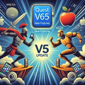 DALLE 2024-07-12 091608 - An illustration showing the competition between Meta and Apple with the Quest v65 update The image should depict the new features and enhanced user e - innovaTopia